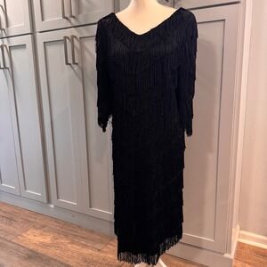 Vintage Hal Ferman Donald Curtis Black Fringe Flapper Cocktail Dress USA Size 10